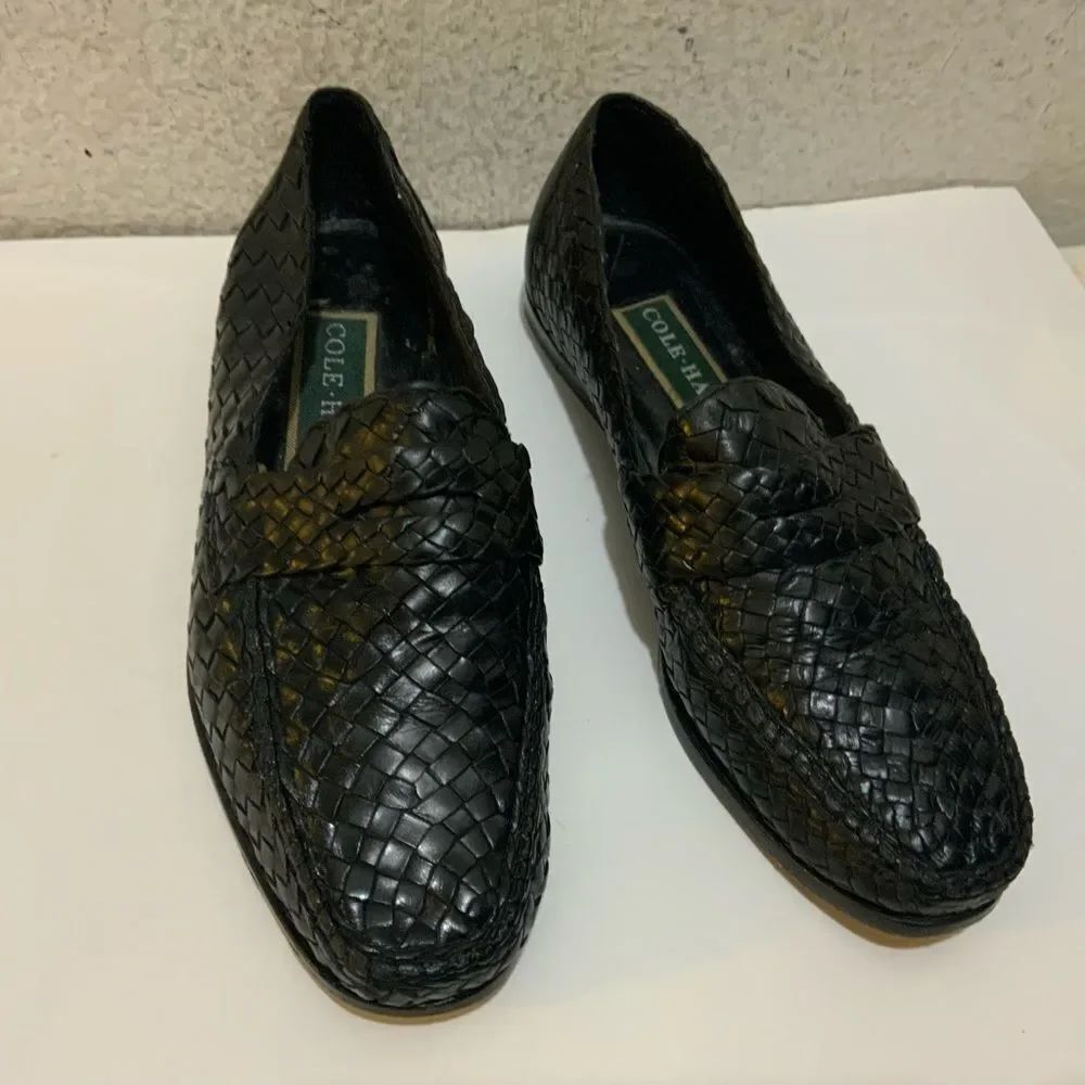 Cole Haan Women's Black Leather Basketweave Woven Classic Loafer